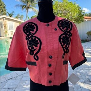 Vintage Coral Pink Short Sleeve Embroidered Cropped Jacket